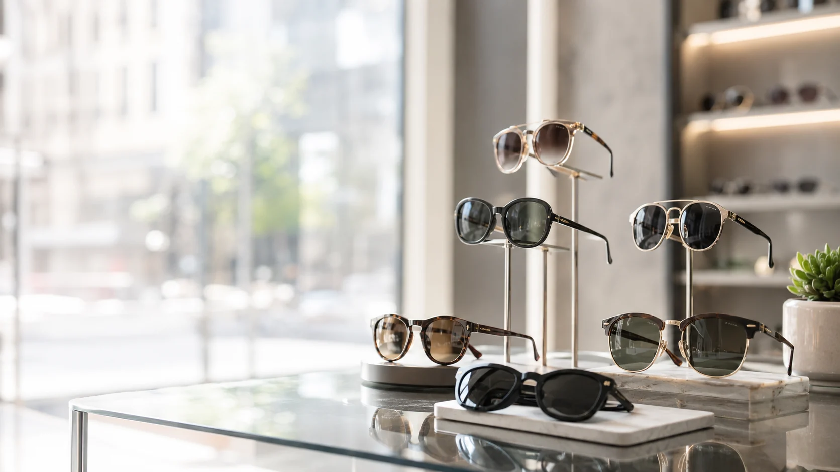 Anteojos y lentes de sol en exhibición.